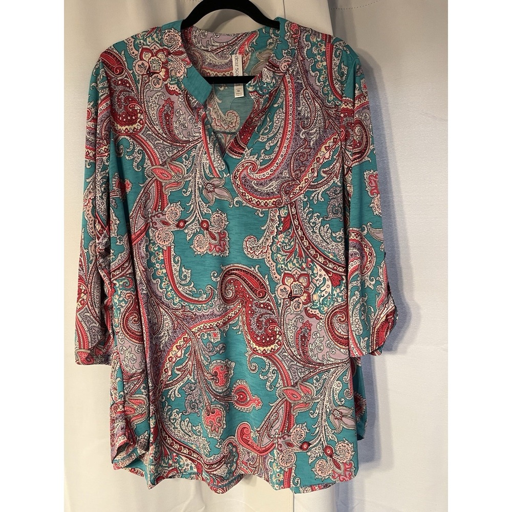 Dear Scarlett Plus Size Women's Top Blouse XL Will Fit 1X Blue Teal Paisley NWT - Picture 3 of 4